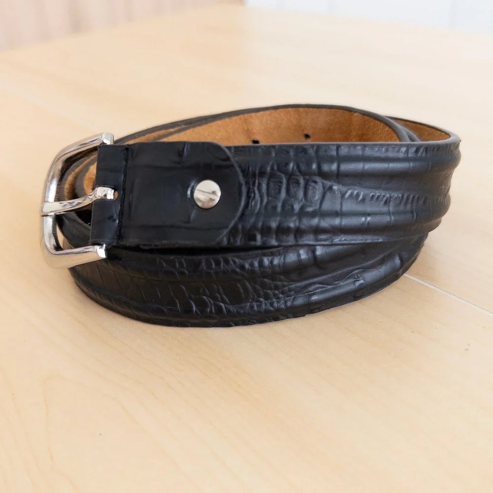 Mens‎ Genuine Leather Belt Medium Black Crocodile Embossed Silver Buckle Western